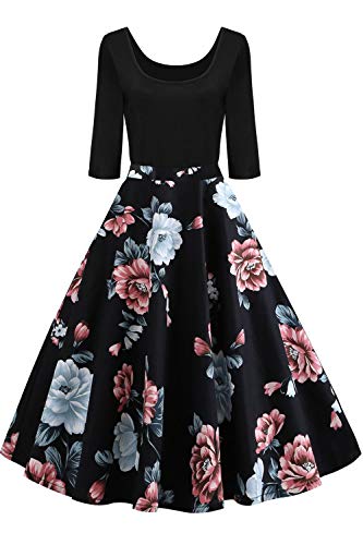 Axoe Damen Rockabilly Kleid Langarm 60er Jahre mit Blumenmuster Partykleid Gr.50