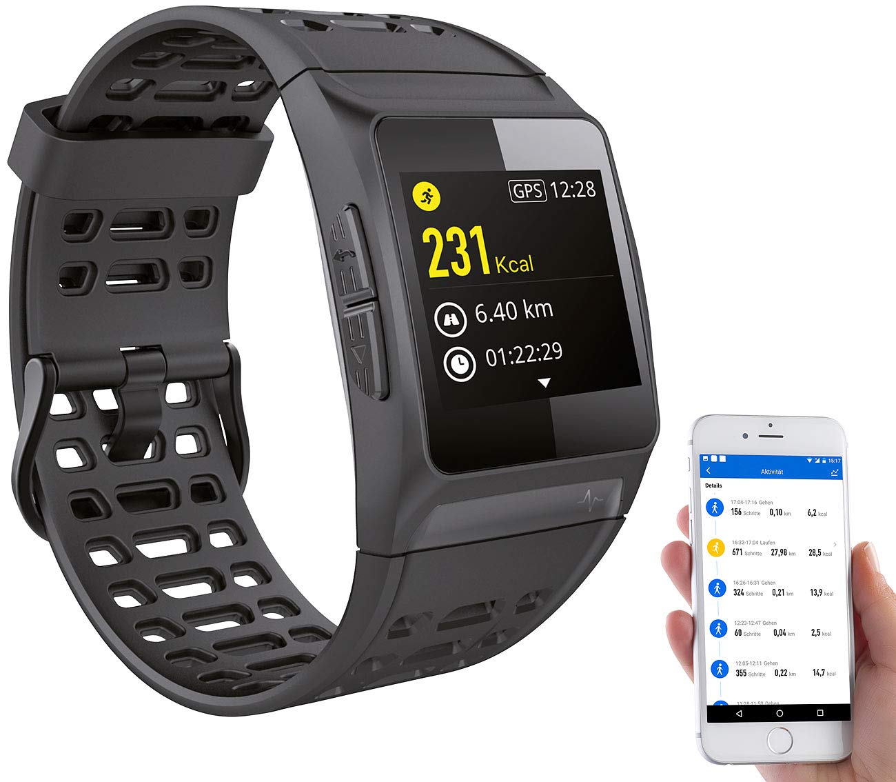 Newgen Medicals Smartwatch GPS Puls: GPS-Sportuhr, Bluetooth, Fitness, Puls, Nachrichten, Farbdisplay, IP68 (Smartwatch GPS wasserdicht, Uhren GPS-Streckenaufzeichnungen, Entfernungsmesser)