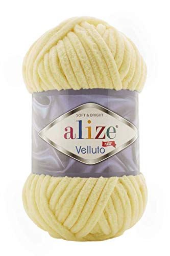 Alize 5 x 100 g Velluto Wolle 500 Gramm super Bulky Chenillegarn,Kuschelweich 100g, Kissen Babydecke etc (gelb hell 13)