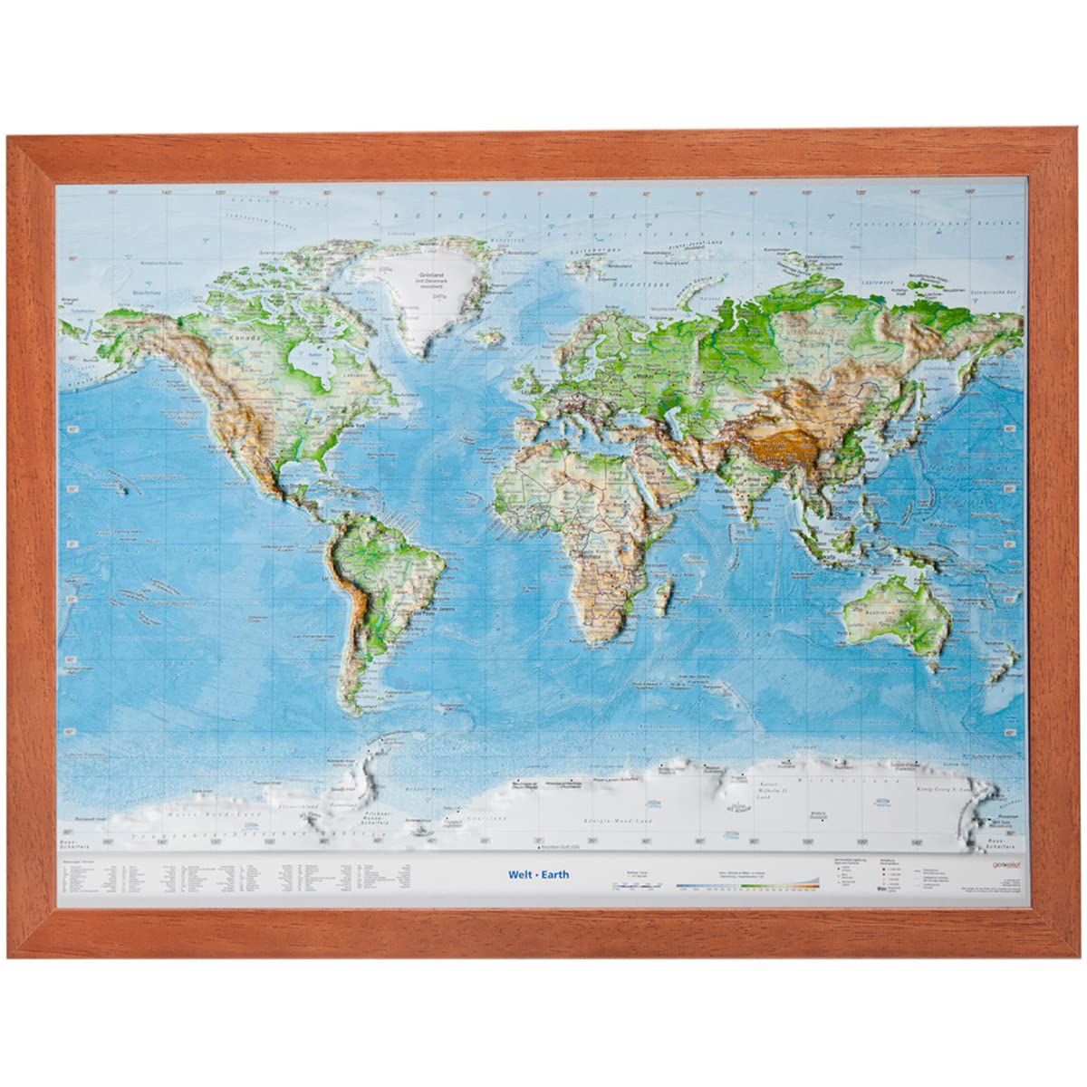 Relief Welt klein mit Rahmen (1:107.000.000): Relief Welt klein mit Holzrahmen (1:107.000.000): Tiefgezogenes Kunststoffrelief