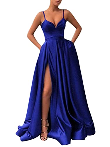 ORANDESIGNE Damen Blaue Drapiert Spaghettiträger Rückenfreies V-Ausschnitt Schlitz Elegante Maxikleid Abendkleid Fliederfarben Ballkleid XL