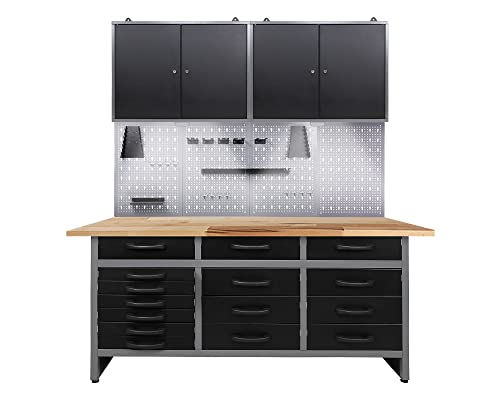 Ondis24 Werkstatteinrichtung 160cm, Werkstatt - Werkbank, Hängeschrank, Euro - Lochwand mit Haken, inkl. LED Beleuchtung