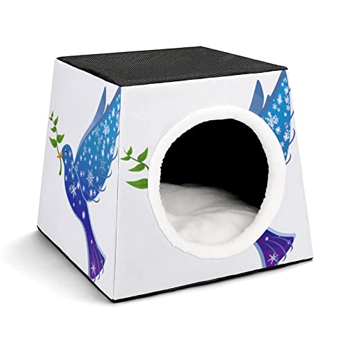Mode Katzenhöhle für Katzen Hunde Kleintiere Faltbares Katzenhaus Katzenbett Katzensofa mit Flauschiges Kissen Blauer Vogel Frieden
