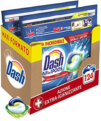 Dash Pods Waschmaschine aus Kapseln, 124 Waschgänge (2 x 62), desinfizierende Wirkung, Maxi-Größe, gegen Schmutz und Bakterien für eine saubere, hygienische Wirkung auch bei niedriger Temperatur