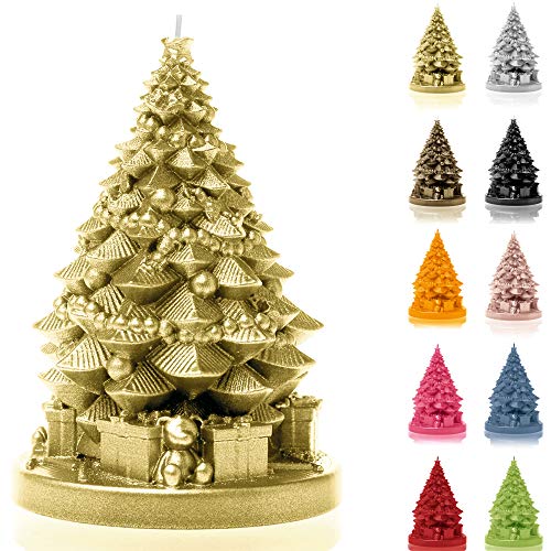 Candellana Kerze Weihnachtsbaum mit Geschenken | Höhe: 16 cm | Klassisches Gold | Brennzeit 35h | Weihnachten | Handgefertigt in der EU