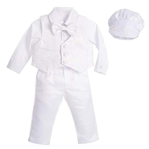 Lito Angels Baby Jungen Taufkleidung Taufanzug, 5 Teiliges Weißer Anzug mit Jacquard Weste und Taufhaube zur Taufe, Größe 6-9 Monate 74