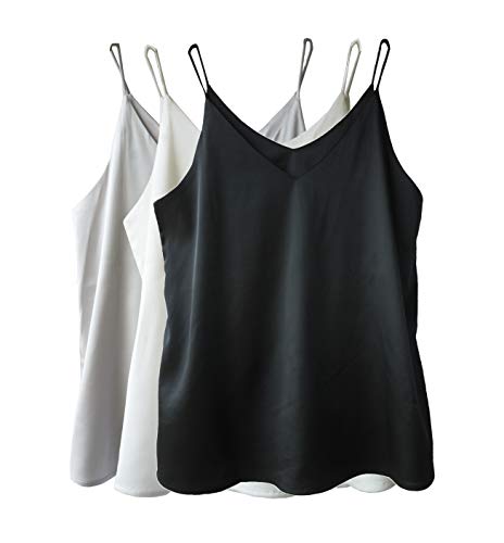 Wantschun Damen Satin Silk Weste Bluse Tank Tops Shirt Cami Spaghetti Träger Camisole Vest V-Ausschnitt XL Schwarz+Weiß+Grau