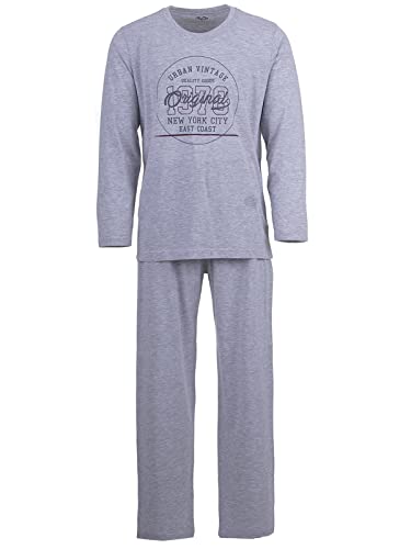 LUCKY Herren Pyjama lang Schlafanzug Pyjama Set Druck Motiv, Farbe:Grau, Größe:L