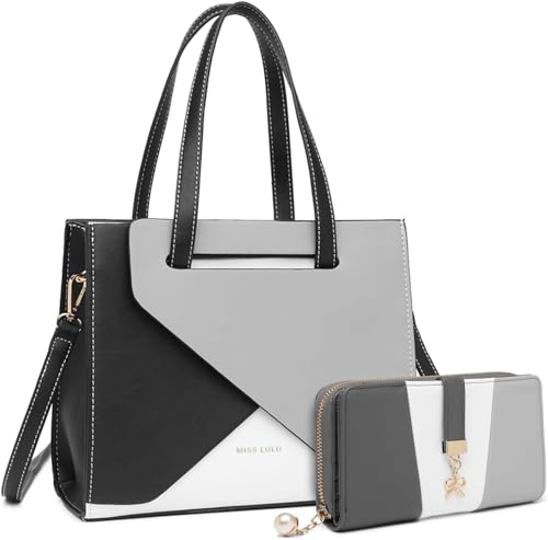 Miss Lulu Modische Handtasche für Damen, Schultertasche mit verstellbarem Riemen, Tragegriff oben, Farbnähte, Graue Tasche + grau-weiße Geldbörse