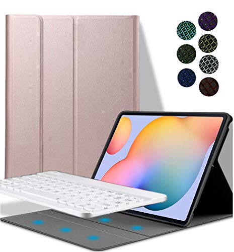 YGoal Tastatur Hülle für Galaxy Tab S7 Plus,(QWERTY Layout) 7 Colors Backlit Ultradünn PU Leder Schutzhülle mit Abnehmbarer drahtloser Tastatur für Samsung Galaxy Tab S7 Plus T970/975, Roségold
