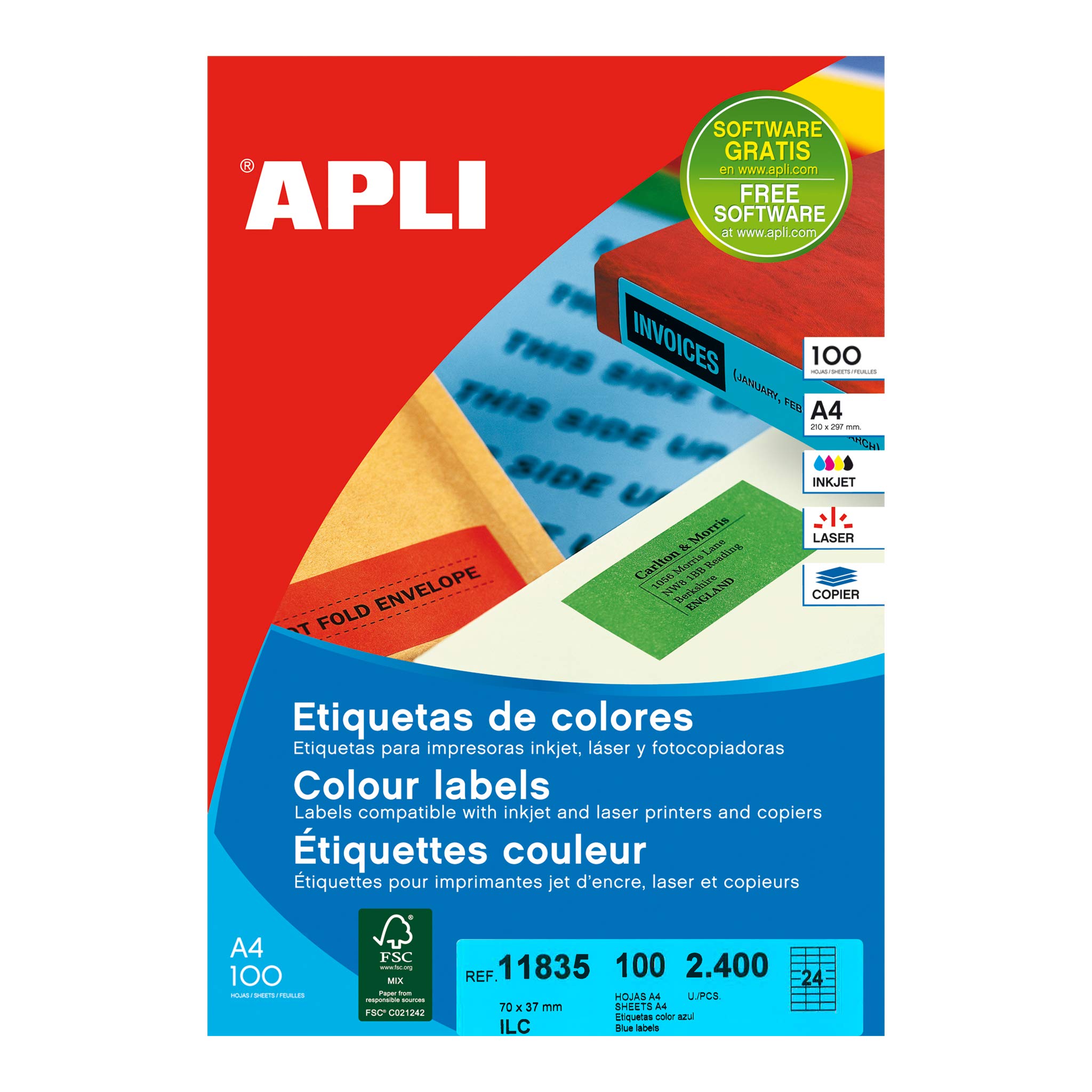 APLI 11835 Permanente blaue Etiketten, 70,0 x 37,0 mm, 100 Blatt