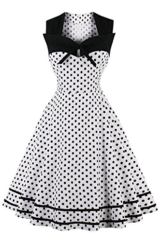 Axoe Damen 60er Jahre Polka Dot Retro Vintage Rockabilly Kleider Abendkleider Elegant für Hochzeit Weiß Gr.XL