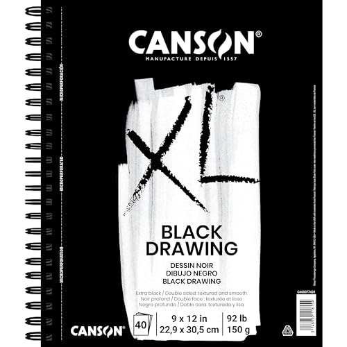 Canson XL Series Black Drawing Paper for Pencil, Acrylic Marker, Opaque Inks, Gouache and Pastels, Side Wire, 92 Pound, 9 x 12 Inch, Black, 40 Sheets