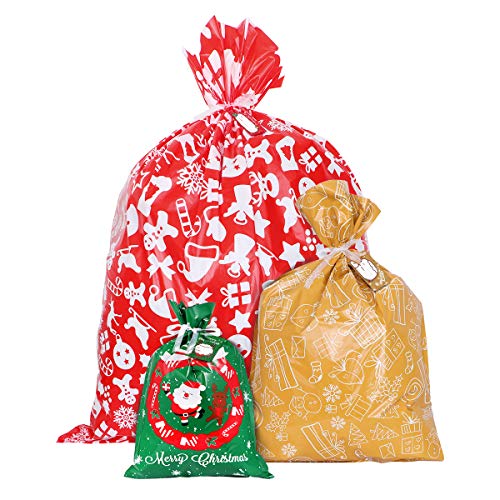 Toyvian 24 Stück Weihnachts-Geschenktüten mit Kordelzug und Bändern, 3 verschiedene Designs, 3 Größen, Urlaubsgeschenk, Geschenktüten für Weihnachten, Urlaub, Party