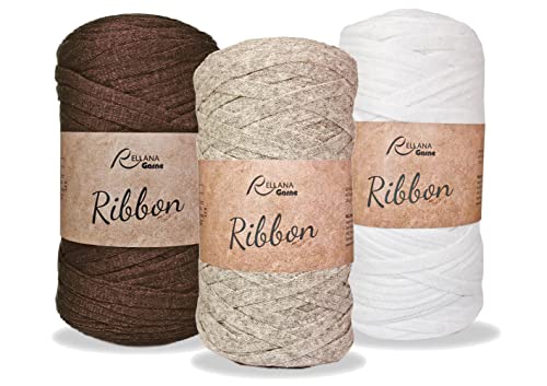 Ribbon Garn XL Sparset Textilgarn Rellana 3x250g nachhaltiges Bändchengarn aus recycelter Baumwolle (Braun-Beige-Weiss)