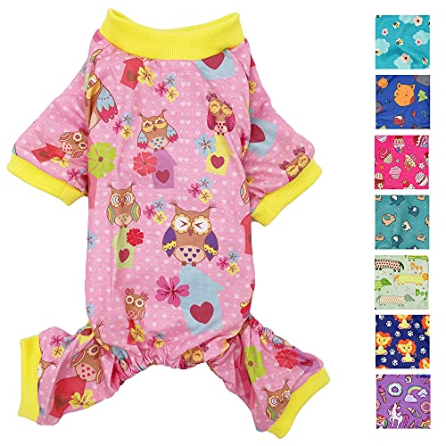 Hunde-Pyjama, weiche Baumwollmischung, Jumpsuit für kleine und mittelgroße Haustiere (rosa Eulen, XS: Länge 25,4 cm, Brustumfang 30,5 - 40,6 cm)