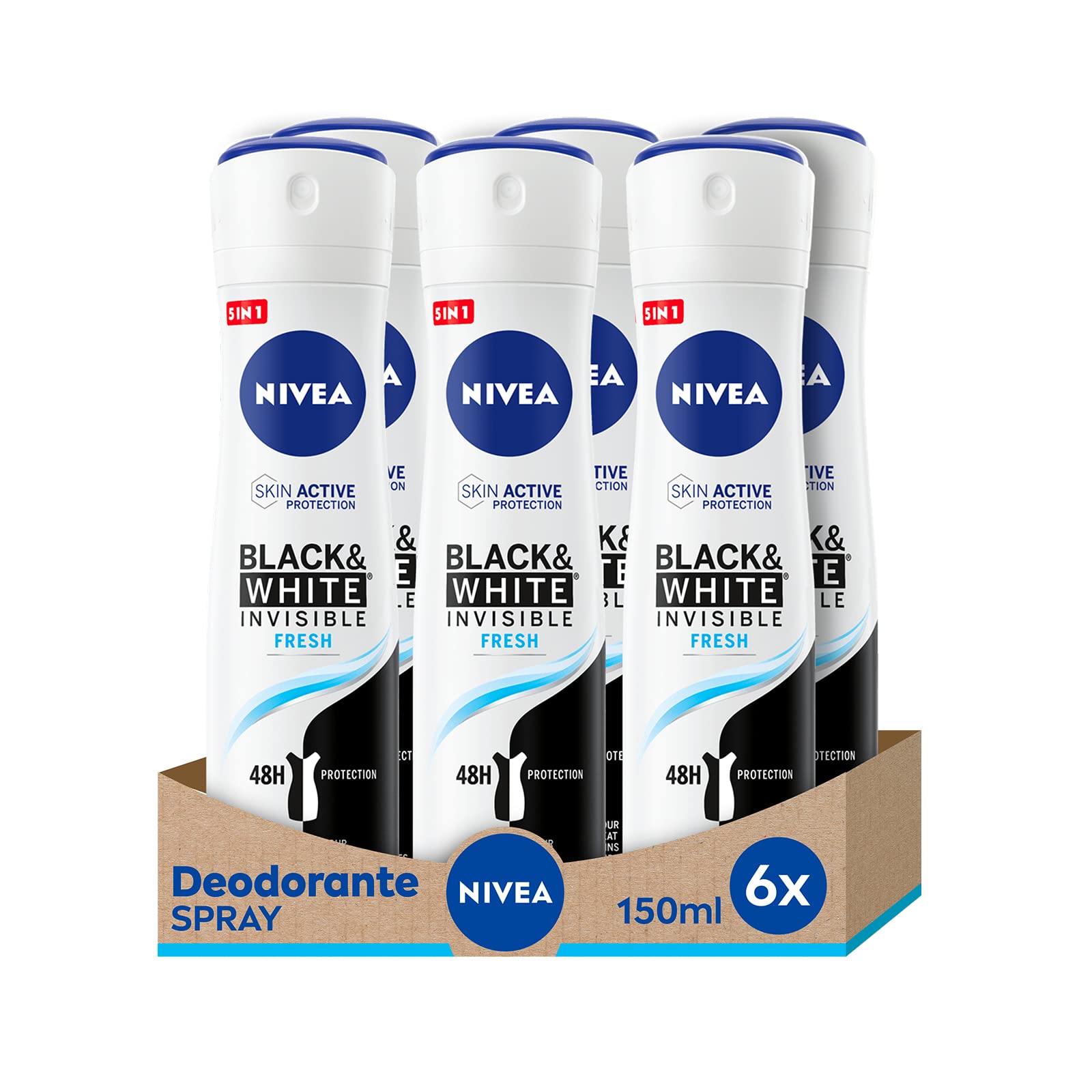 Nivea Black & White Invisible Fresh Lufterfrischer Spray 6 x 150 ml, Deo Spray frisch und streifenfrei, Anti-Transpirant-Spray schützt Haut und Kleidung