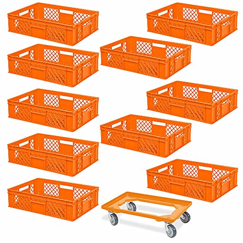 10er SPAR-Set Euro-Stapelbehälter PLUS GRATIS Transportroller, 600x400x150 mm Industriequalität lebensmittelecht orange