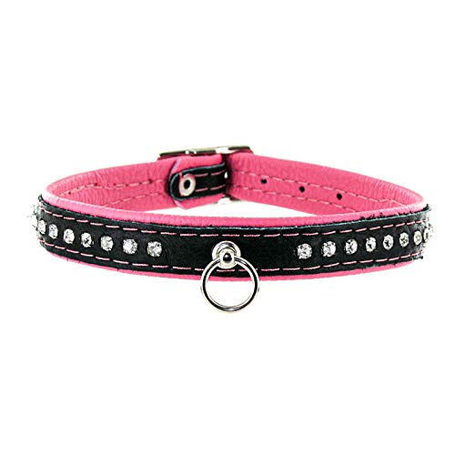 Halsband echtes Elch Leder mit kl. O-Ring, zweifarbig, 14 mm breit, 40 cm lang mit Strasssteine, pink