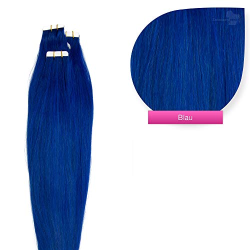 Tape Extensions Echthaar Haarverlängerung 50cm Tape In Haare mit Klebeband 20 Tressen x 4 cm breit und 2,5g Gewicht pro Tresse Farbe #blue
