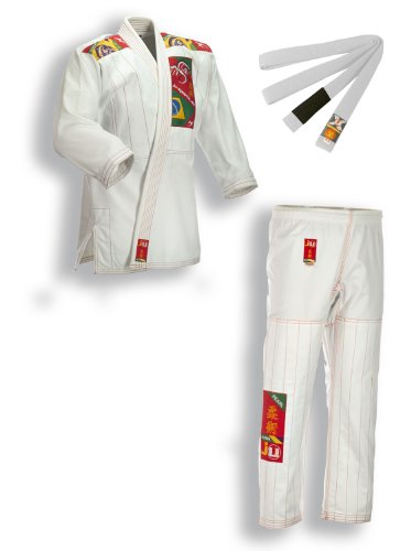 Ju-Sports BJJ Anzug Kids Weiß 120 I Leichter, schlanker Brazilian Jujutsu Anzug speziell für Kinder I BJJ Gi im bunten Design I Inkl. weißem Gurt I 100% Baumwolle