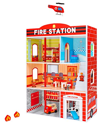 Globo Giochi - Feuerwehrstation aus Holz, 3 dekorative Etagen mit Männern und Zubehör 15 Stück - Sirwood 39960