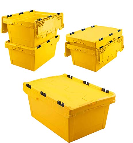 Set, 5x Mehrwegbehälter mit Klappdeckel, gelb, verplompbar, LxBxH 600x400x200 mm, 29 Liter