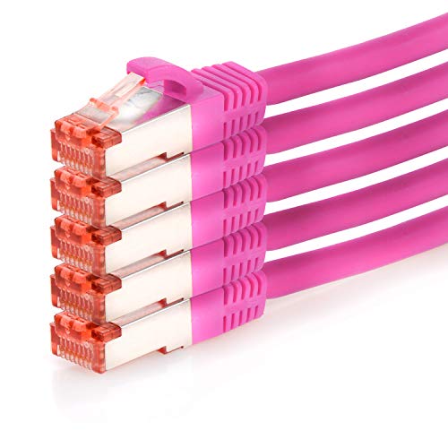 TPFNet 5er Pack CAT.6 hochwertiges Premium Netzwerkkabel mit RJ45 Anschluss | LAN Kabel | 5m | magenta |mehrfache Abschirmung durch S/FTP | kompatibel mit Router, Modem, Switch