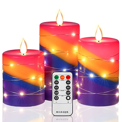 LED Kerzen mit Lichterkette mit 11 Tasten Fernbedienung Regenbogen 10cm 12,5cm 15cm Kerze 3er Packungen, tanzende Flamme, echtes Wachs.