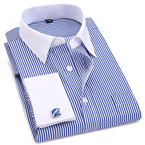 Bqxxdeo Herrenhemd Mit Französischen Manschetten Langarm Knöpfe Hemden Normale Passform Manschettenknöpfe Enthalten FS15 Blue Stripes XL