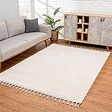 carpet city Teppich Wohnzimmer Hochflor - Beige- Deko Schlafzimmer - Soft Shaggy mit Fransen - Einfarbig Muster - Oeko Tex 100 Standard - Allergiker geeignet