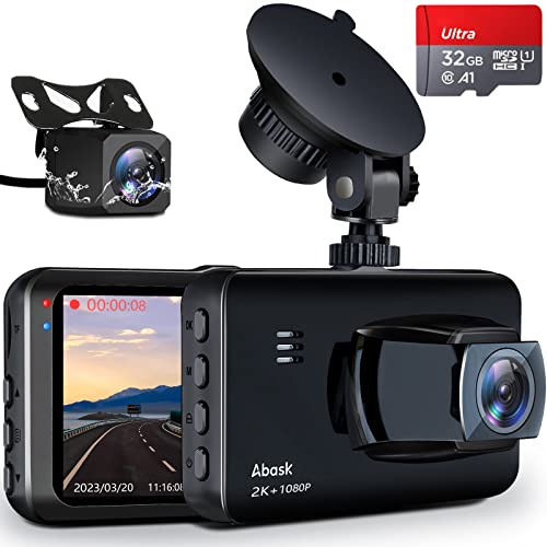 Abask Dashcam Auto Vorne Hinten 2K 1440P Auto Kamera mit Parküberwachung, Rückfahrassistent, Bewegungsmelder, 320° Weitwinkel 3 Zoll Bildschirm, G-Sensor, Loop-Aufnahme, WDR, Nachtsicht, Bis zu 256 GB