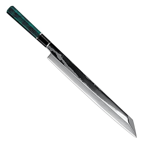 HONGYAN Handgefertigte 12 -Zoll -japanische Kengata Koch Sashimi Sushi Messer Damaskus Fischereifischermesser Küchenchef Cutter Lachs (Color : A/Green, Kitchen Knife Size : 12 inch)