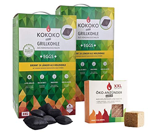 Set: KOKOKO EGGS Bio Kokos Grillbriketts in Eierform 16 kg & ÖKO-ANZÜNDWÜRFEL
