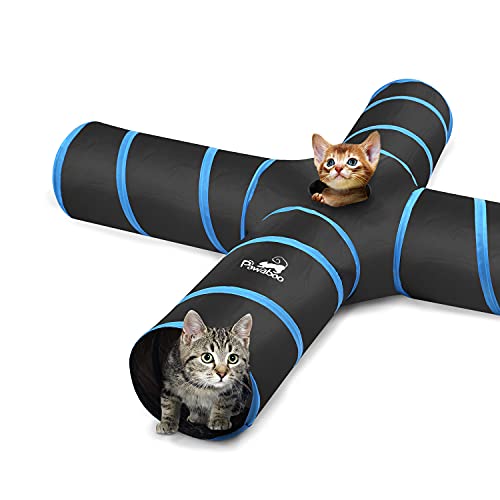 Pawaboo Katzetunnel, Premium-4-Wege-Tunnel Erweiterbar Zusammenklappbar Katzen Spielzeug Maze versetzte Tunnel Katzen Spielzeug mit Pompon und Bells für Kätzchen Kaninchen, Schwarz & Hellbalu
