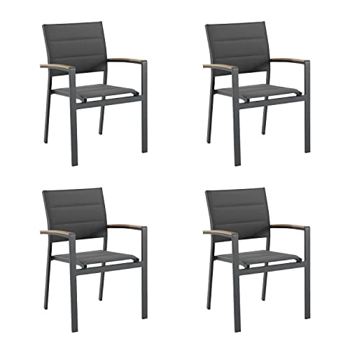 NATERIAL - 4er Set Gartenstühle SAN Diego mit Armlehnen - 4 x Gartensessel - Stapelbar - Aluminium - Textilene - Dunkelgrau - Eukalyptus - Terrassenstühle - Essstühle