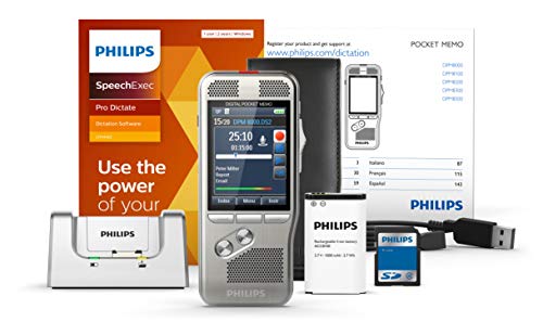 Philips DPM8000 Digitales Diktiergerät, Bedienung per Schiebeschalter, 3D-Mikrofon für ausgez. Stereo-Tonaufnahmen, Farbdisplay, Edelstahlgehäuse, inkl. Diktiersoftware SpeechExec Pro 2-Jahres-Abo