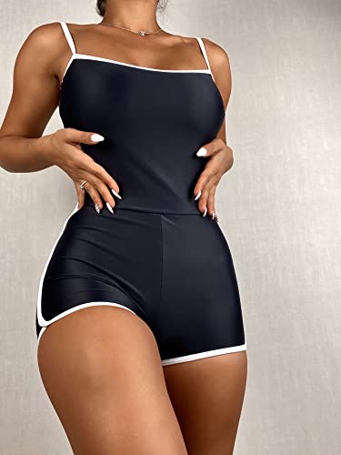 LHX Damen Einteilig Strandmode Badeanzug mit Kontrastsaum (Color : Black and White, Size : M)