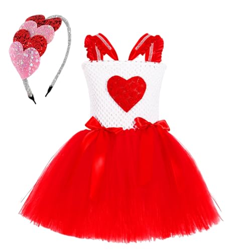 WOBBLO Valentinstagskleider für Kinder, Valentinstagskleider für kleine Mädchen | Funkelndes Herzmuster zum Valentinstag verkleiden - Mit Herz-Stirnband, roter Tüllrock, 1–8 Jahre alte