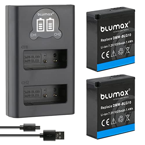 2X Blumax DMW BLG10e Akku 1025mAh + Slim Dual LCD-Ladegerät - kompatibel mit Panasonic Lumix DC GX9 TZ202 TZ91 DMC TZ101 TZ81 GF6 GX7 GX80 LX100 G110