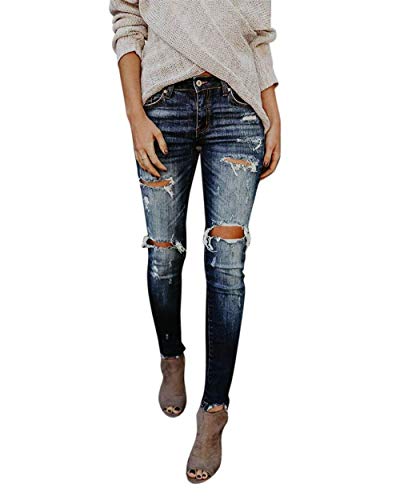 Huixin Jeans Für Frauen Zerrissen Schlank Löcher Leggings Bleistifthose Knöpfen Mit Elegant Taschen Jeanshose Pants (Color : Dunkelblau, Size : XL)