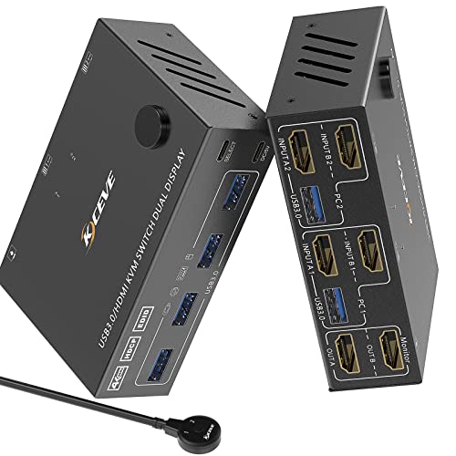 KVM Switch 2 Computer 2 Monitore, HDMI USB 3.0 Umschalter Dual Monitore Unterstützt 4K@60Hz Aktie Monitor Maus Tastatur für Laptop, PC, PS5, Xbox