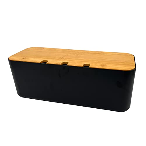 Kabelbox Steckdosenbox Kabelsammler Aufbewahrungsbox für Kabelführungs Ladekabel, ABS Kunststoff mit Belüftung, hölzerne Textur Organizer 36 x 13.5 x 13 cm (Schwarz L)