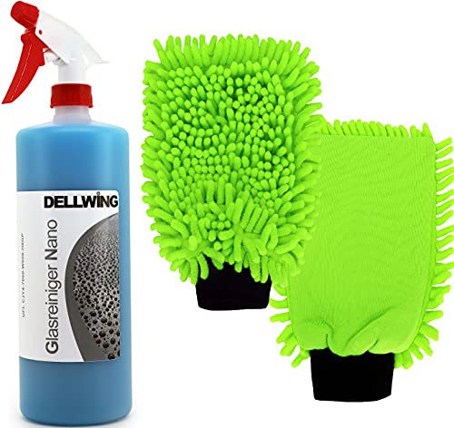 DELLWING 2 x Waschhandschuh Rasta Green + 1L Glasreiniger Nano mit Sprühkopf