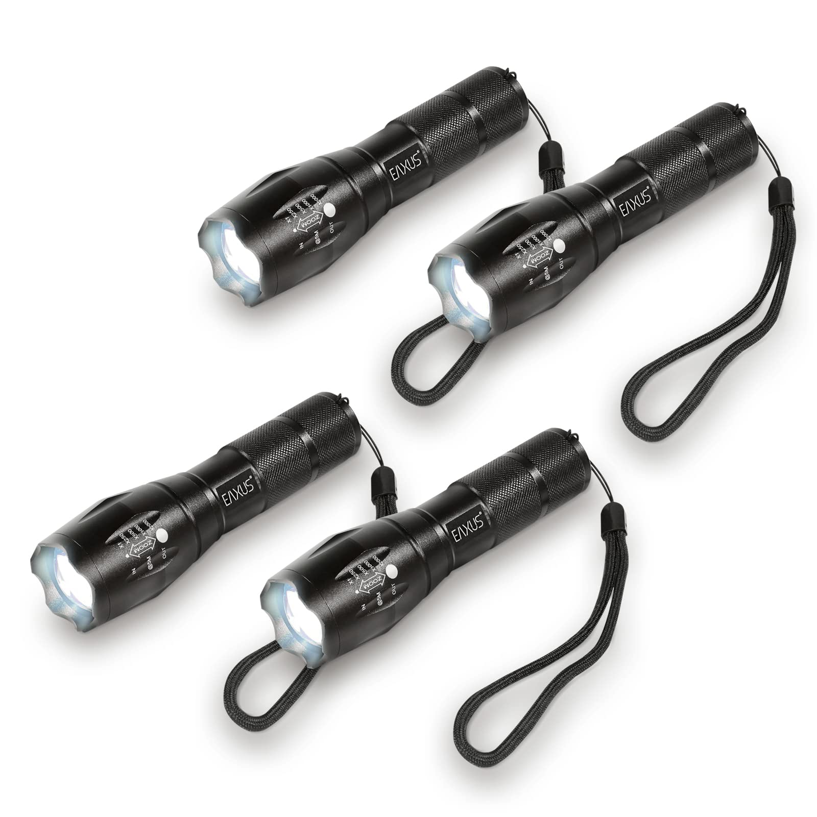 Eaxus® 4er Set Taktische Taschenlampe LED - Zoombar | Blackout Notfallausrüstung | SOS-Modus | 5 Leuchtmodi | CREE LED, Schwarz