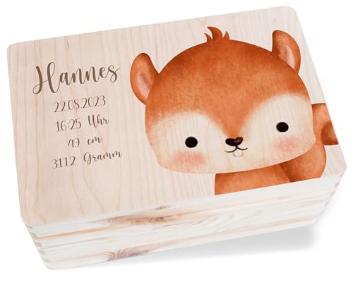 Holz Erinnerungsbox Baby - Süßes Eichhörnchen Niedliches Waldtier Streifenhörnchen mit Name - 30 x 20 x 14 - Holz