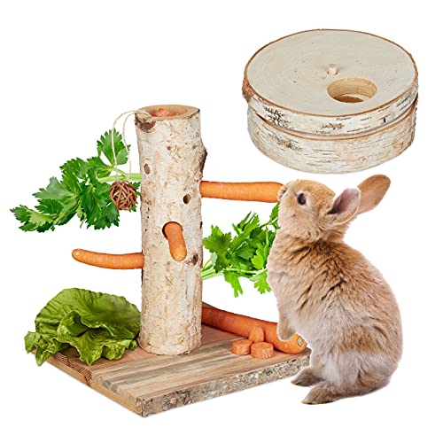 Relaxdays Kaninchen Spielzeug, 2tlg. Set, Futterbaum & Intelligenzspielzeug, Holz, Zubehör Meerschweinchen, Hasen, Natur