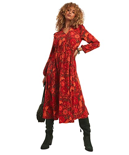 Joe Browns Damen Vintage-Kleid mit Schnürung und Langen Ärmeln, Blumenmuster Lässiges Abendkleid, Orange, 40