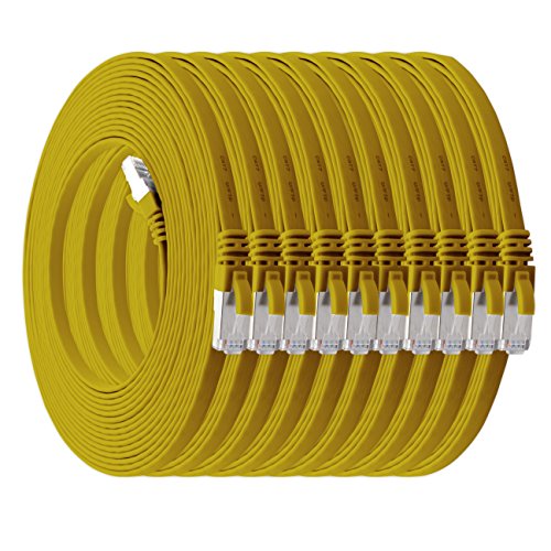 1m - gelb - 10 Stück Cat7 Flachkabel Netzwerkkabel Cat 7 Rohkabel Gigabit LAN (10Gbit/s) Flachbandkabel Verlegekabel Patchkabel Flach Slim Rj 45 Stecker Cat6a