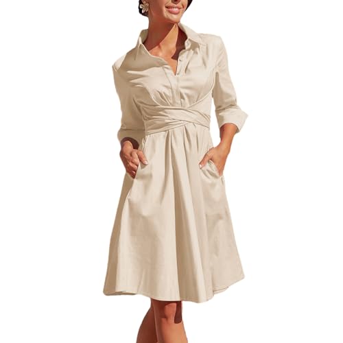 GETERUUV Damen Hemdkleid Elegant Langarm V-Ausschnitt Blusenkleid Tunika Kleider mit Knopf Herbst Freizeitkleid